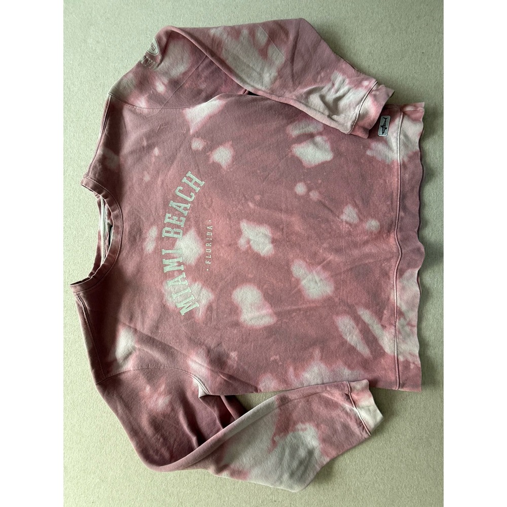 Shark Tee Miami Beach Florida Tie Dye Sweatshirt Pink White 2XL Raw Hem